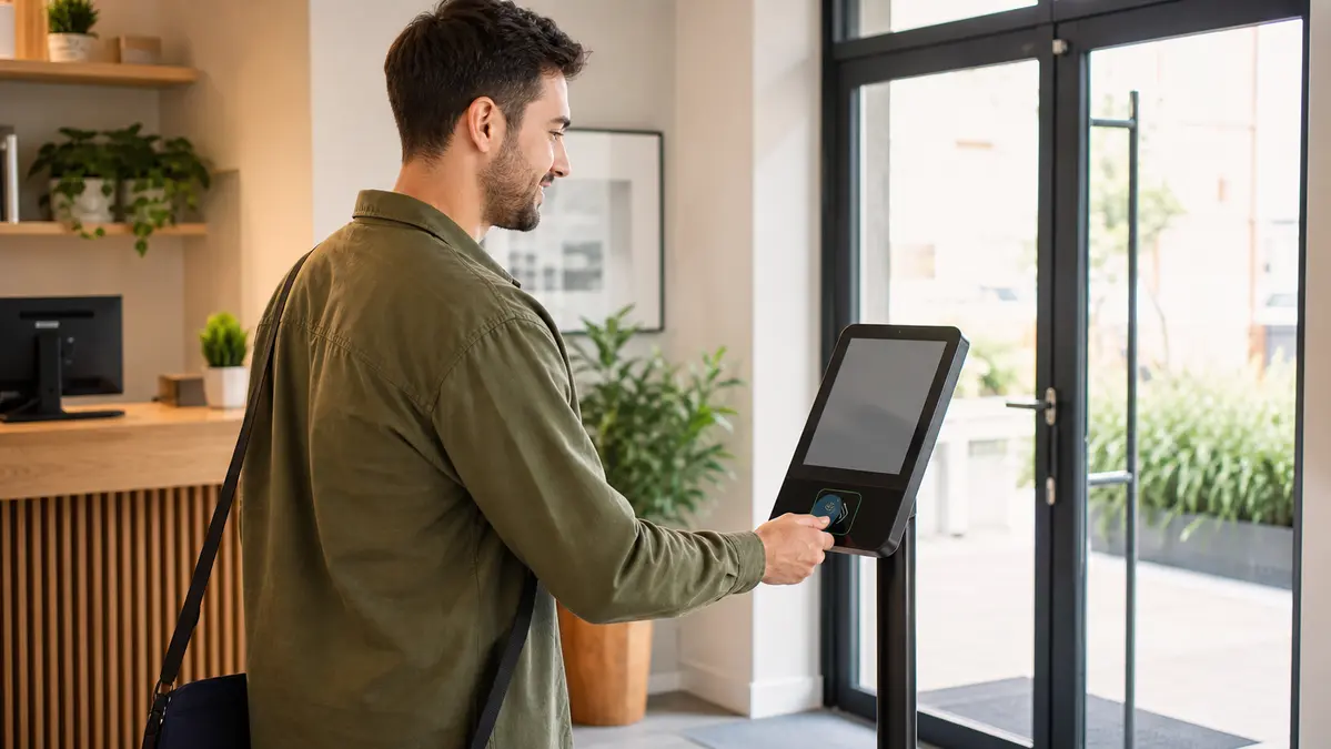 Empleado fichando con tarjeta NFC en un kiosco