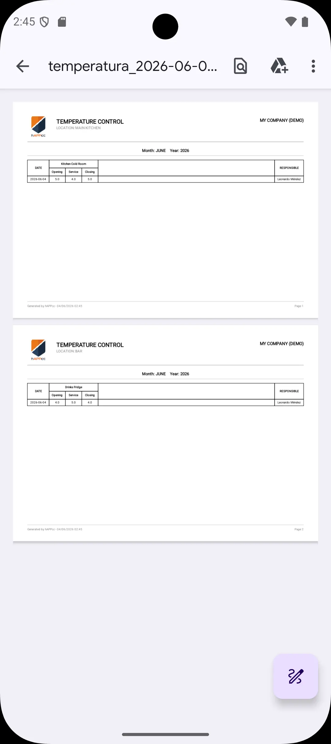 Informe APPCC digital en PDF para un restaurante