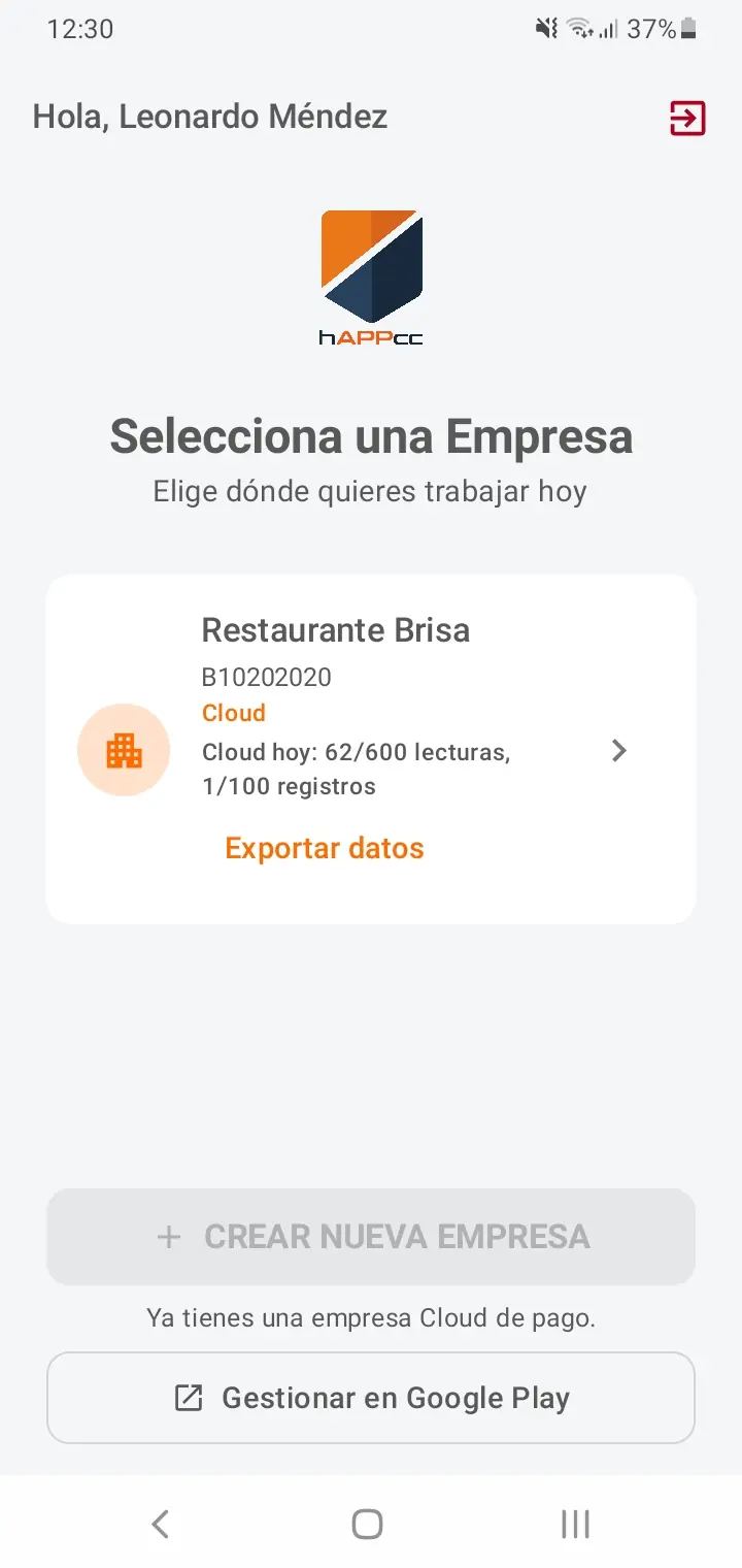 Selección de empresa y acceso a sus registros en hAPPcc