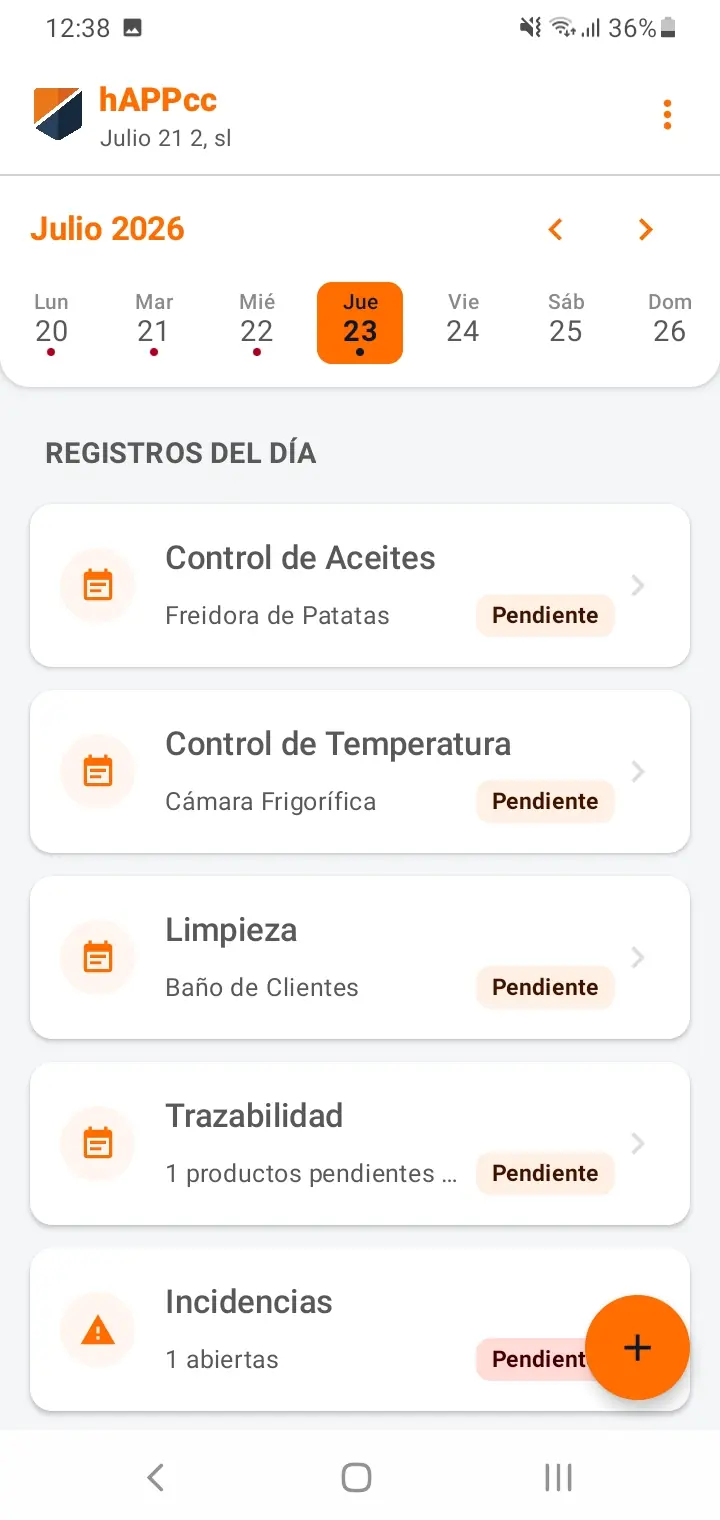 Pantalla principal de hAPPcc con los controles APPCC del día